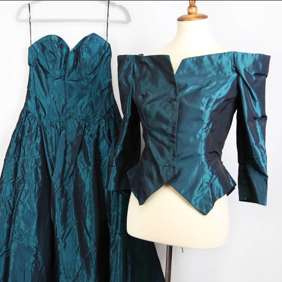 Vintage 70s 80s Peacock Green Teal Strapless Ball Gown with Jacket Size XXS/XS - Picture 11 of 14